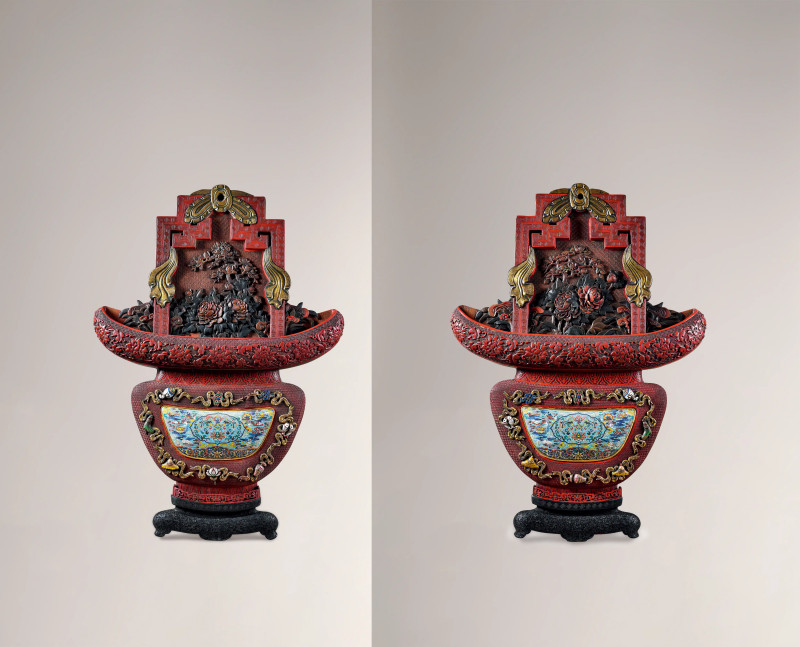 清中期 剔彩嵌珐琅吉庆八宝纹花篮形璧屏一对