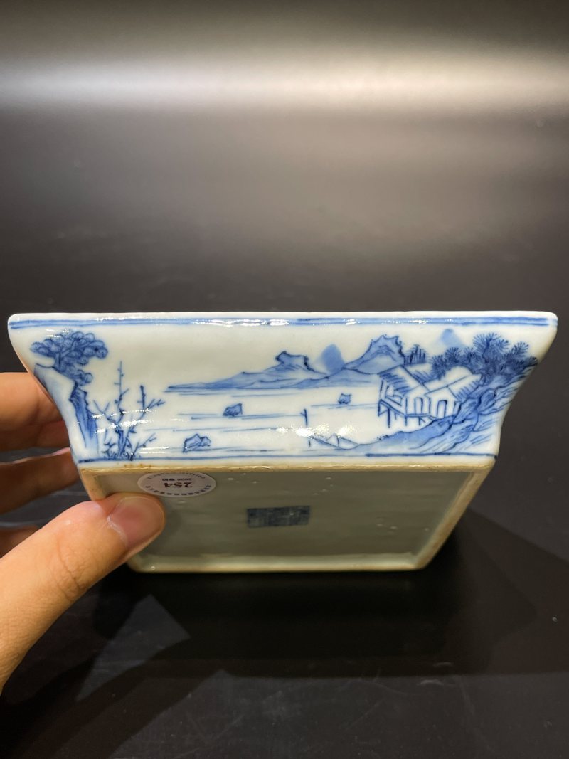 清嘉庆 青花山水人物图方盘 - 图8