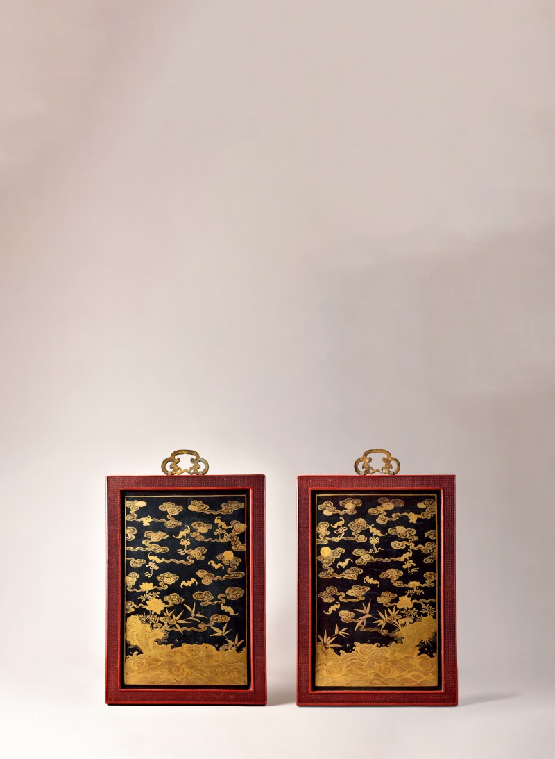 清乾隆 剔红嵌玉诗文兰石图挂屏一对 - 图2