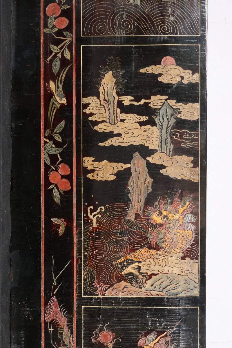 Lot1048 清康熙十二年（1673） 广作三水县知县苏嵋荣寿款彩大屏风 十二扇 - 图5