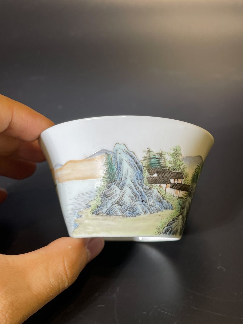 民国 粉彩山水纹马蹄杯 - 图7