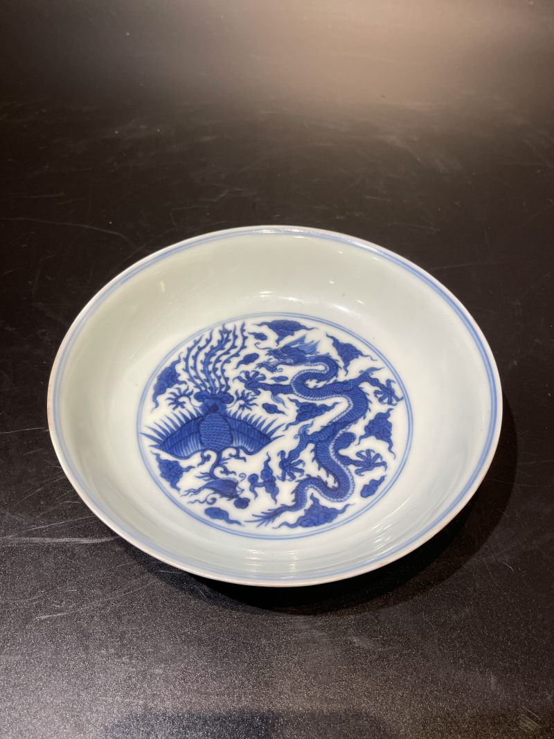 清康熙 青花龙凤纹盘 - 图2