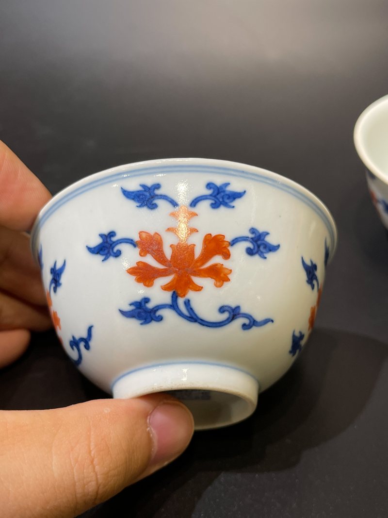 清道光 青花矾红宝相花纹茶圆一对 - 图2
