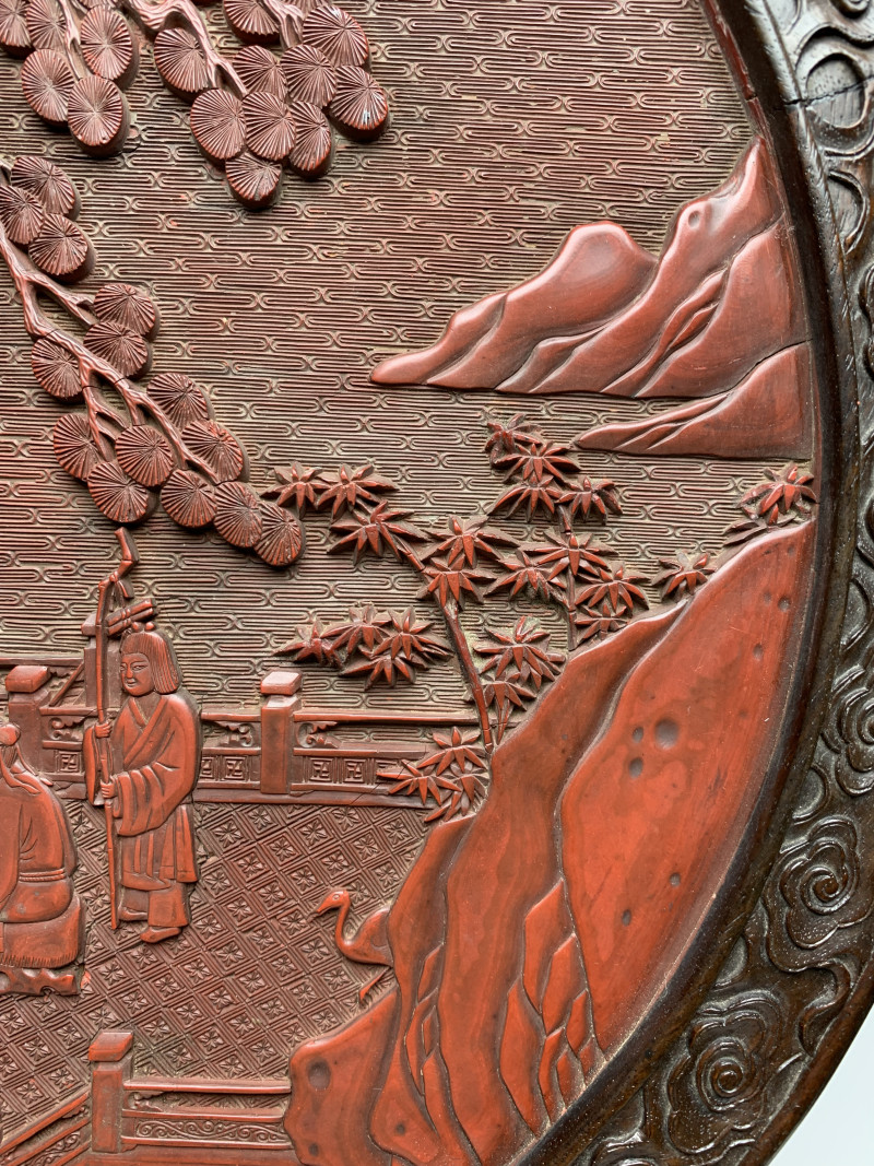 元 紫檀木嵌剔红苍松贤仕祥鹿图立屏 - 图7