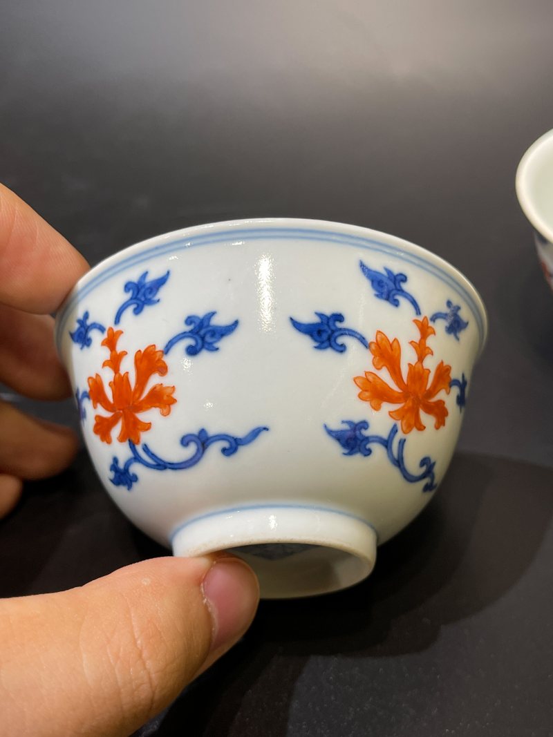 清道光 青花矾红宝相花纹茶圆一对 - 图3