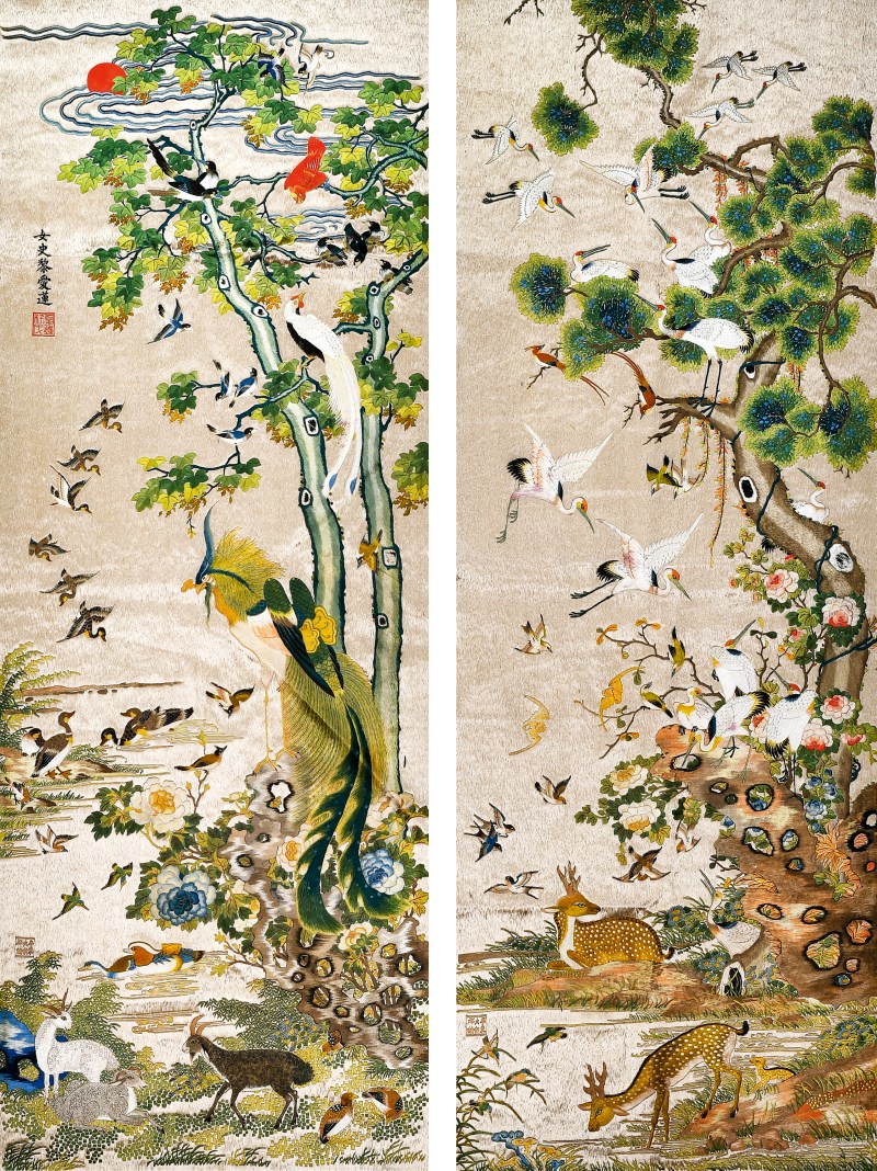 清 粤绣百鸟朝凤对屏