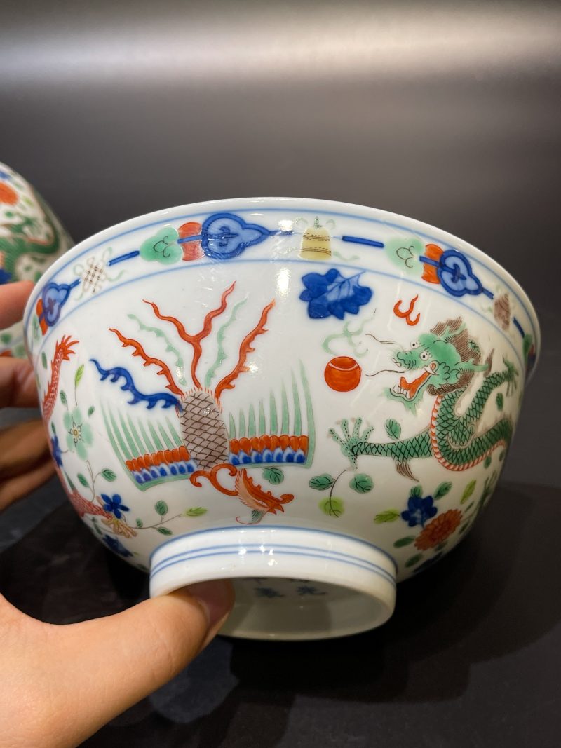 清光绪 青花五彩龙凤纹碗一对 - 图16