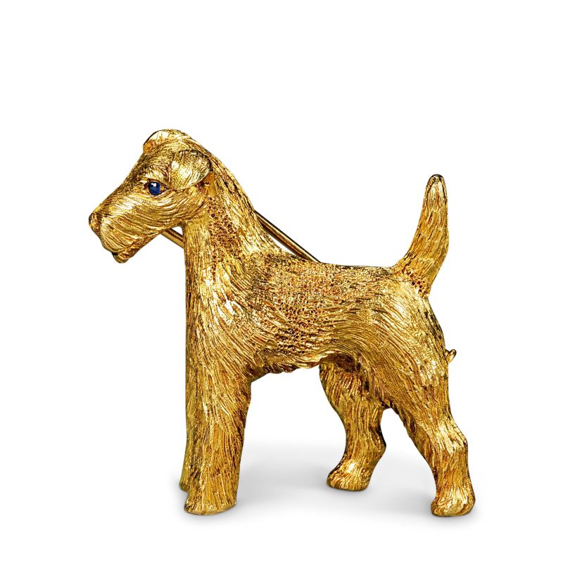 Rene Bry18k黄金犬胸针、蓝宝石眼睛