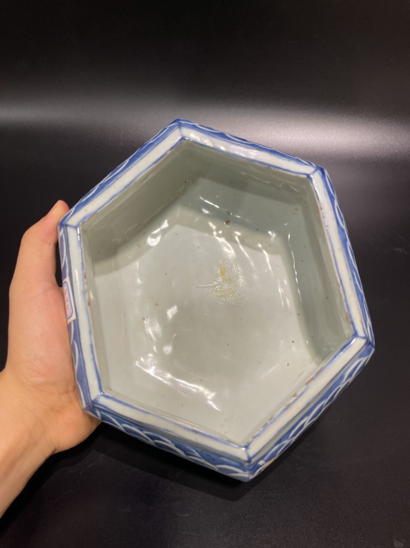 明晚期 青花落花流水六方形洗 - 图8