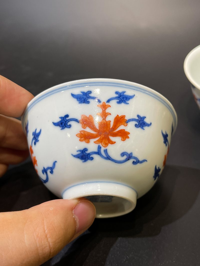 清道光 青花矾红宝相花纹茶圆一对 - 图4