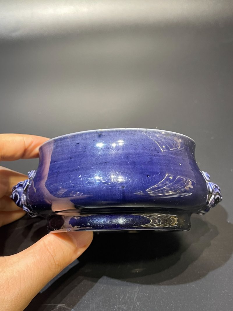 清康熙 茄皮紫釉狮耳炉 - 图5