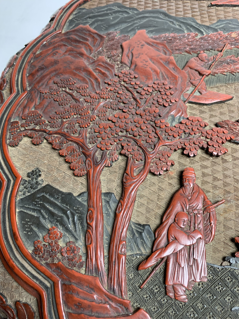 清乾隆 剔彩高士赏游图葵式大捧盒 - 图16