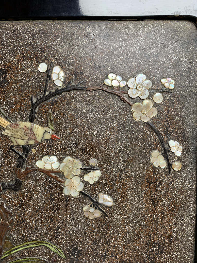 清 黑漆洒螺钿百宝嵌花鸟纹插屏 - 图5