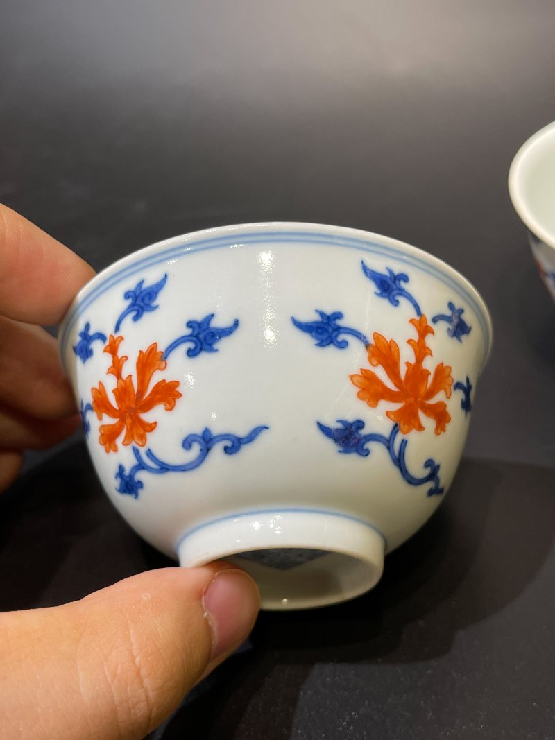 清道光 青花矾红宝相花纹茶圆一对 - 图5