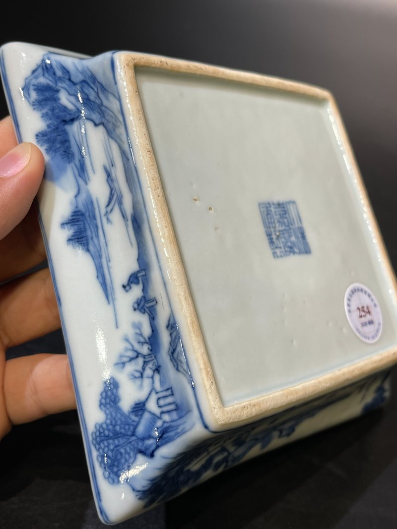 清嘉庆 青花山水人物图方盘 - 图13