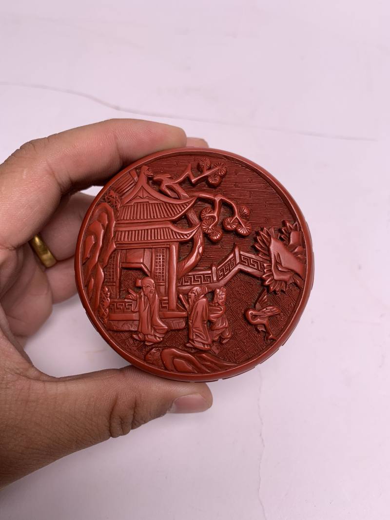 明早期 剔红楼阁人物小圆盒 - 图3