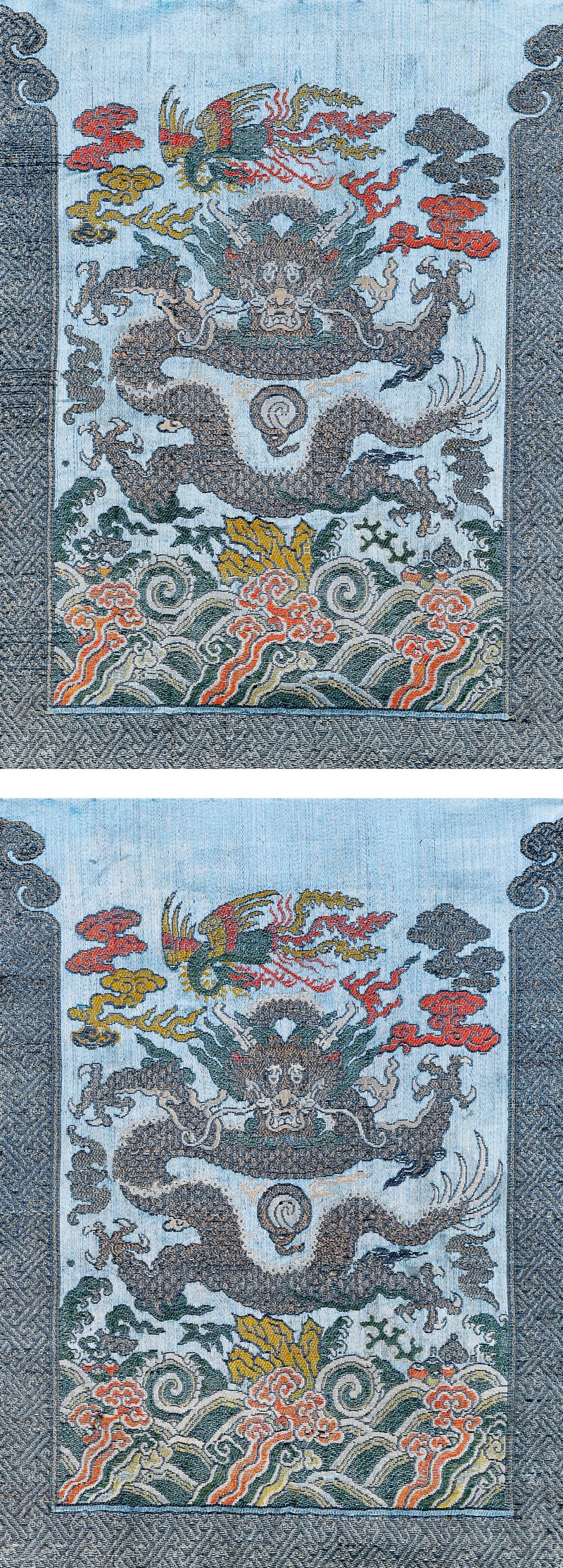 清 蓝缎地织锦海水正龙纹马面一对