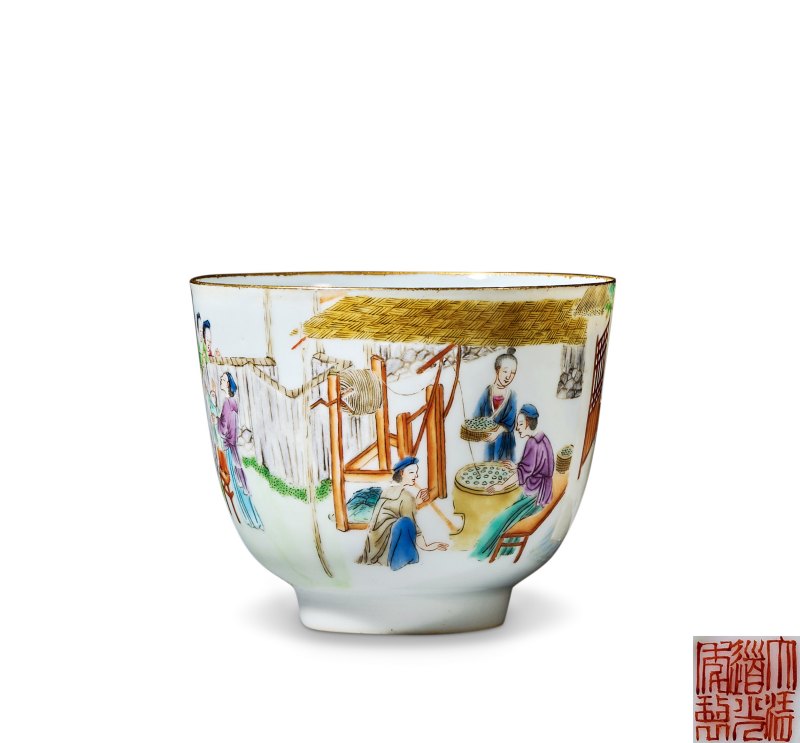 清中期 粉彩耕织图诗文杯