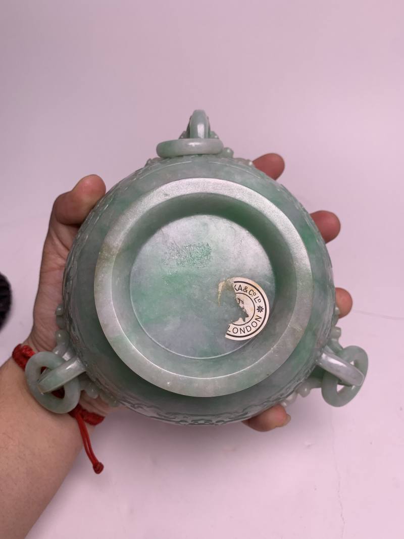 清 翡翠游环凤耳兽面纹盖炉（紫檀座） - 图14
