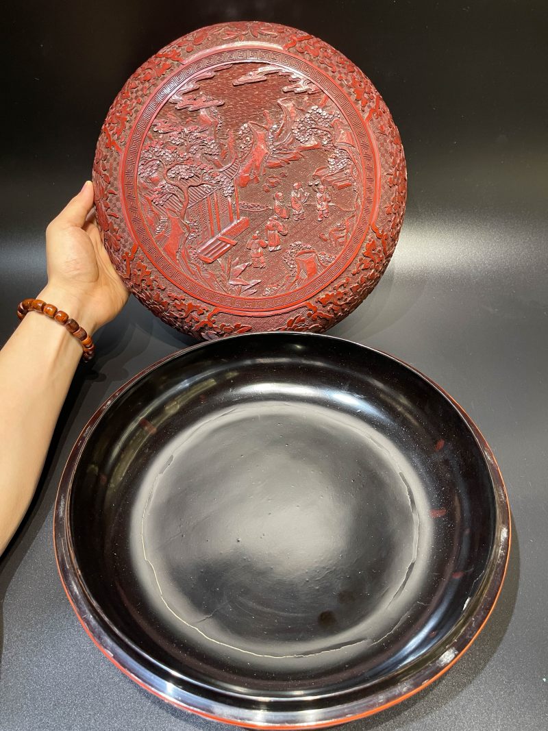 清乾隆 剔红庭院高士、花卉纹大捧盒 - 图6