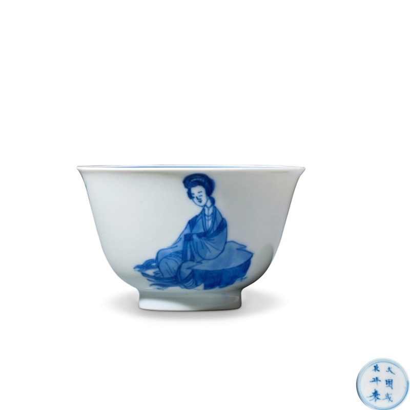 清康熙 青花三娘教子图杯