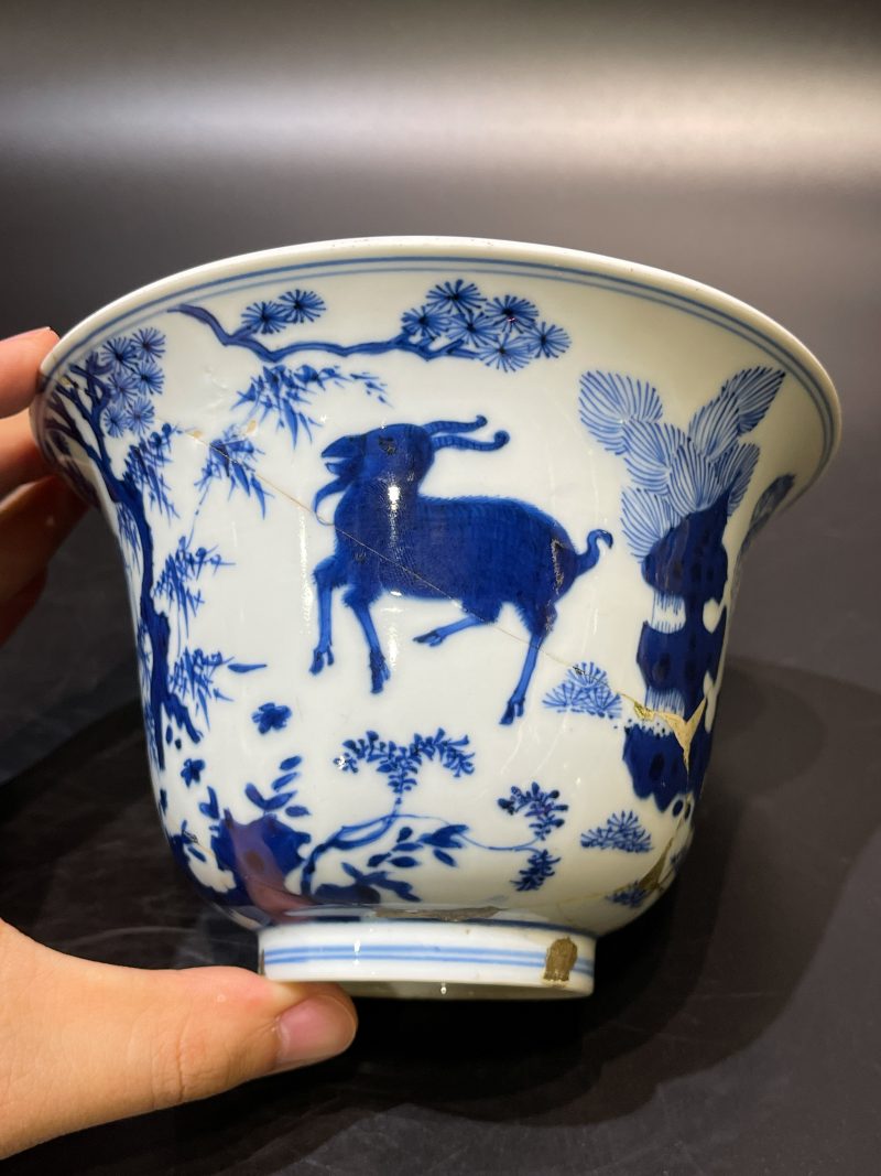 清康熙 青花三羊开泰仰钟碗 - 图4