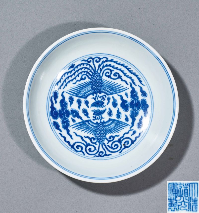 清道光 青花对头凤纹盘
