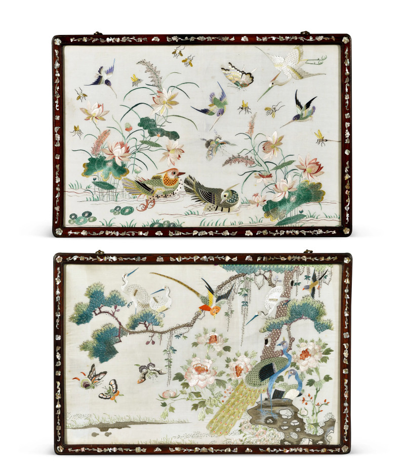 清 粤绣鸳鸯孔雀花鸟挂屏一对