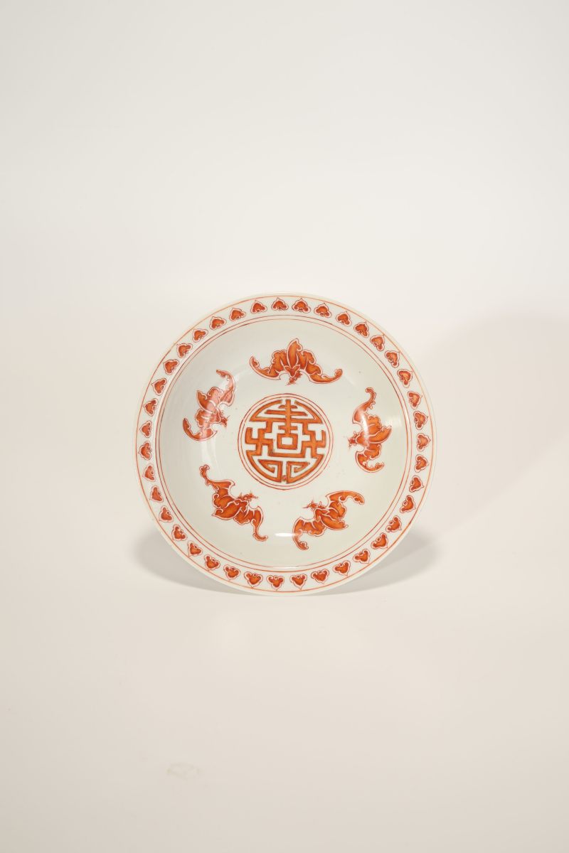 Lot856 清中期 矾红福寿纹高足盘 - 图3