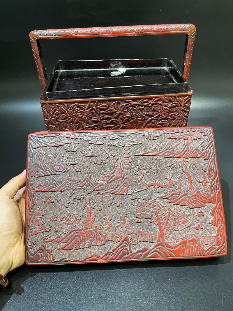 明 剔红山水、花鸟图长方提梁盒 - 图10