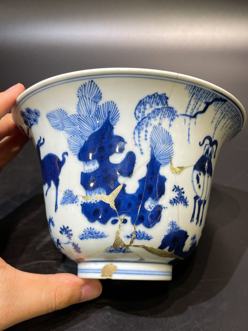 清康熙 青花三羊开泰仰钟碗 - 图5