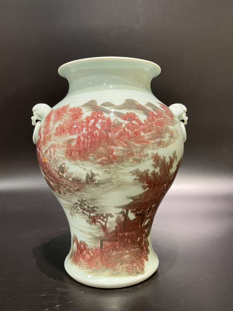 清中期 釉里红山水人物图铺首尊 - 图2