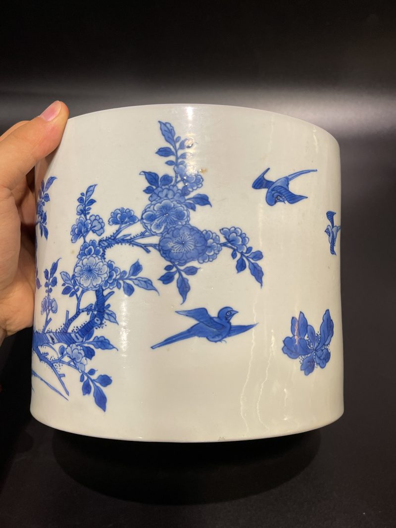 清康熙 青花雉鸡牡丹纹笔筒 - 图6