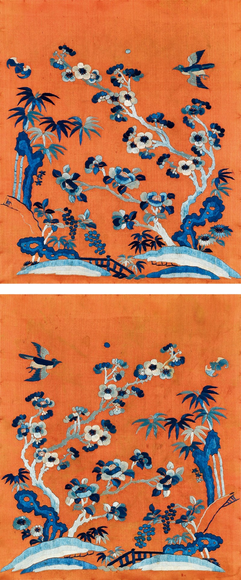 清 橘红缎地三蓝绣梅花纹马面一对