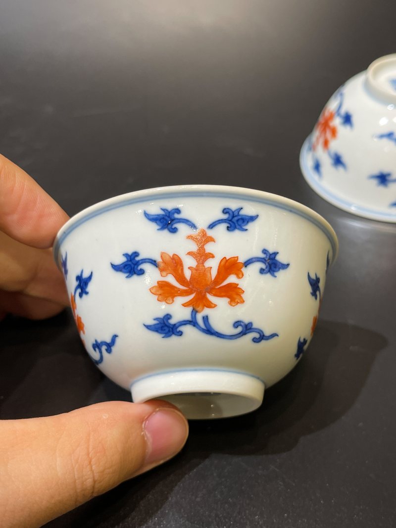 清道光 青花矾红宝相花纹茶圆一对 - 图10