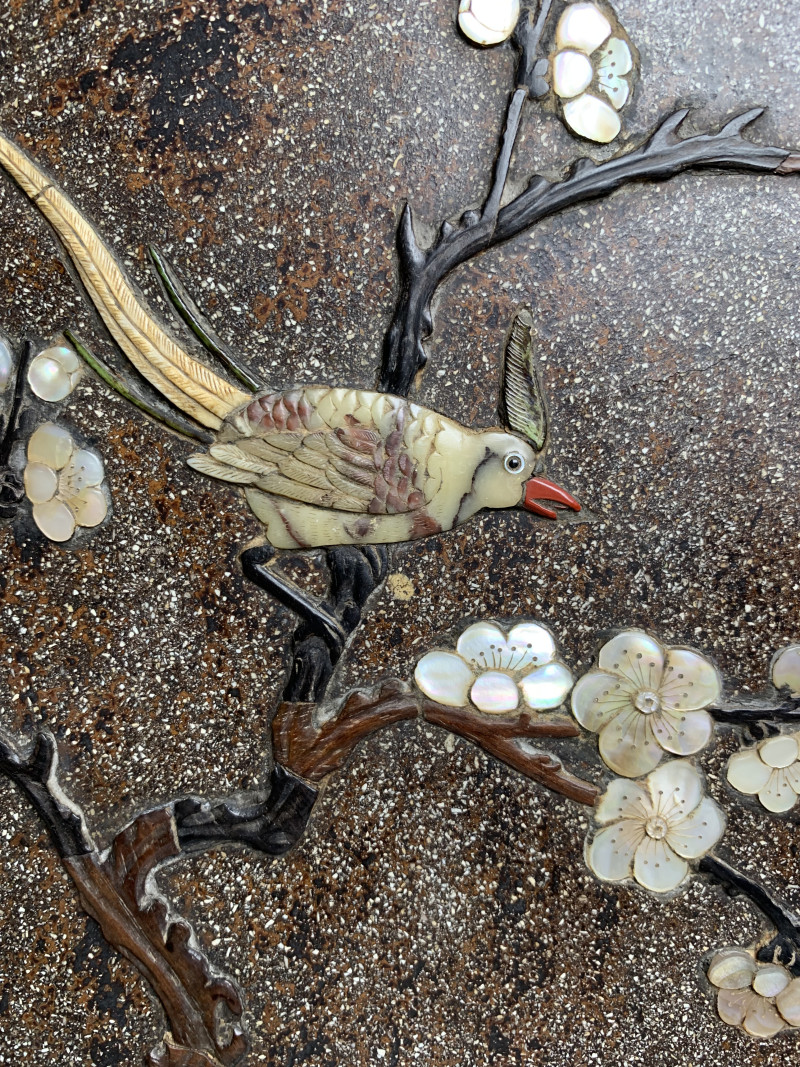 清 黑漆洒螺钿百宝嵌花鸟纹插屏 - 图7