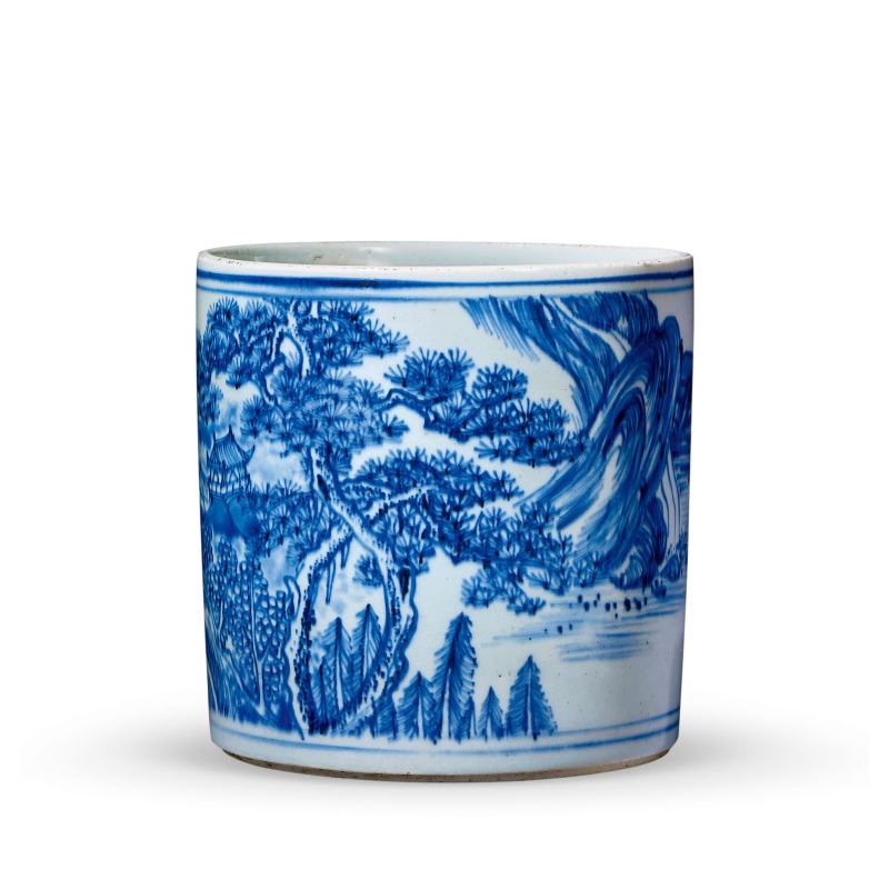 清康熙 青花山水松阁图笔筒