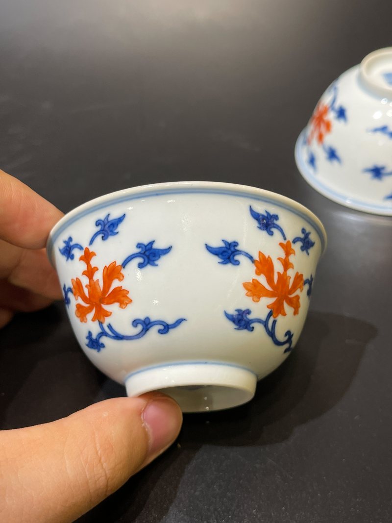清道光 青花矾红宝相花纹茶圆一对 - 图11