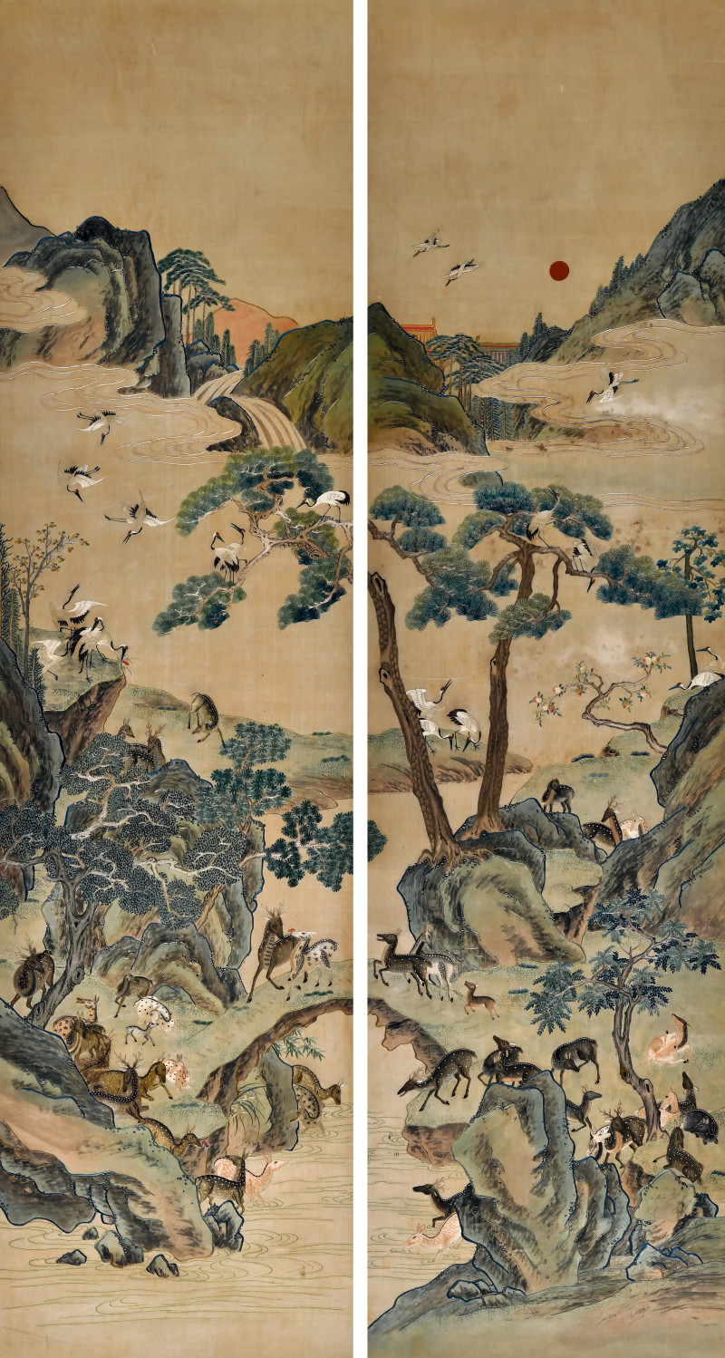清康熙 顾绣鹤鹿同春对屏