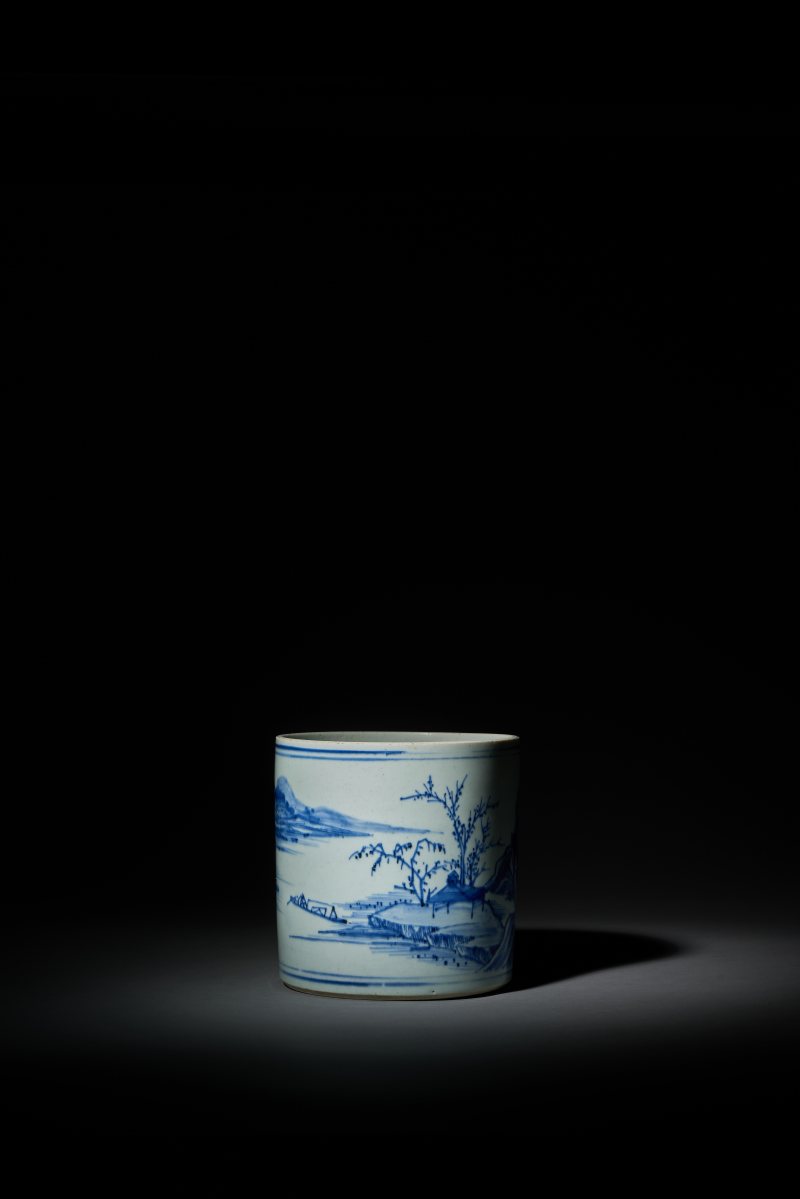 清康熙 青花山水松阁图笔筒 - 图2