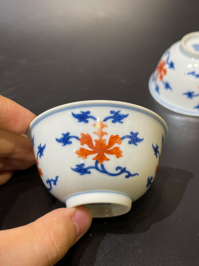 清道光 青花矾红宝相花纹茶圆一对 - 图12