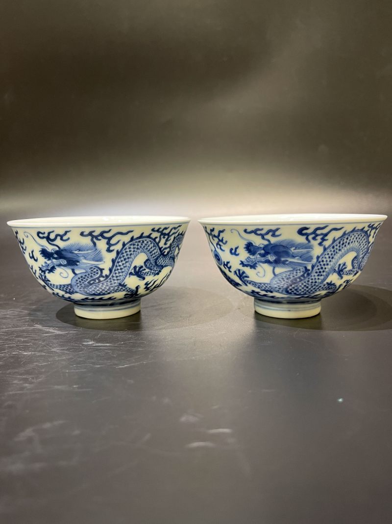 清同治 青花云龙纹茶圆一对 - 图2