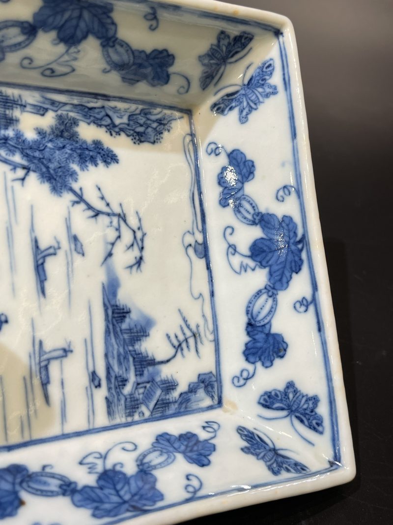 清嘉庆 青花山水人物图方盘 - 图6