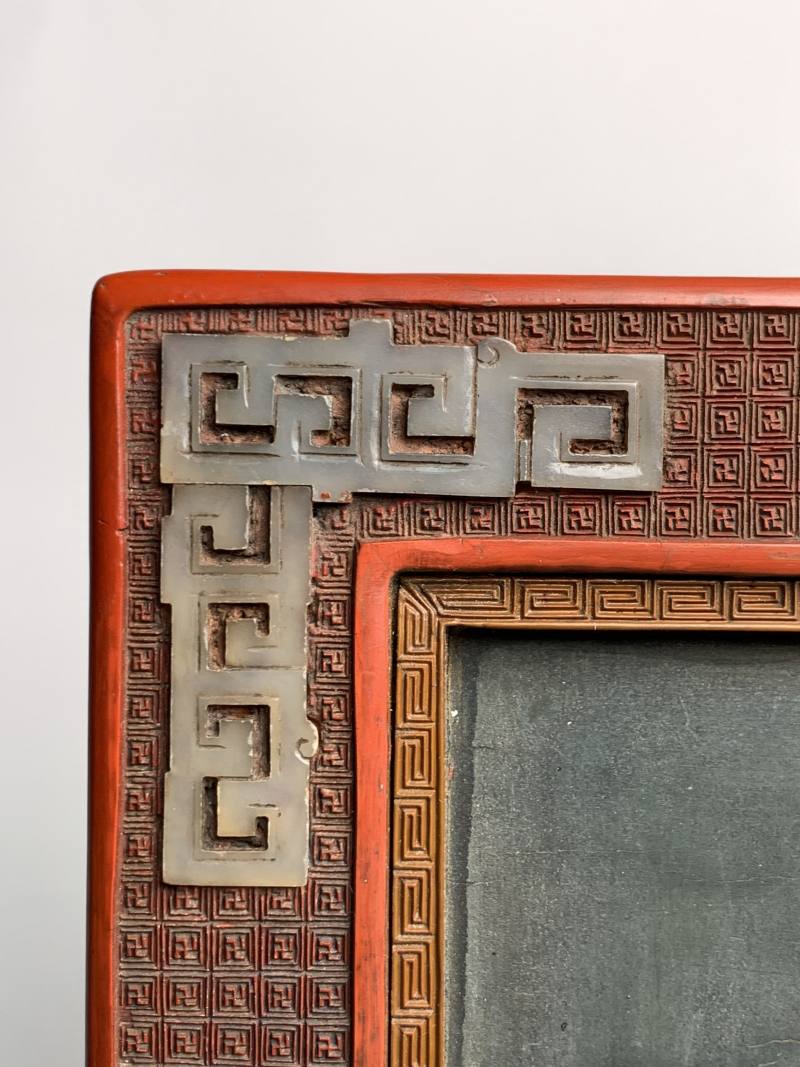 清乾隆 剔红嵌玉诗文兰石图挂屏一对 - 图13