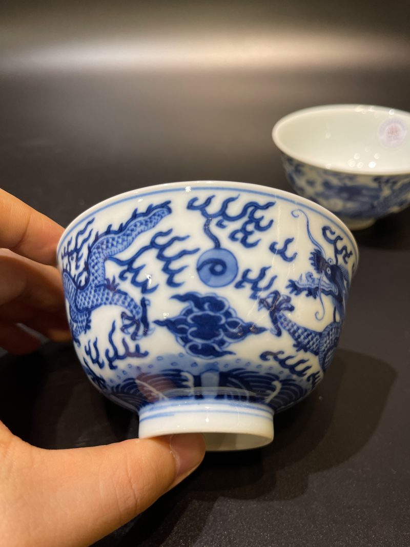 清同治 青花云龙纹茶圆一对 - 图4