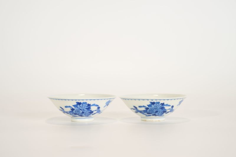 Lot816 清光绪 青花蚕桑纹斗笠碗一对 - 图2