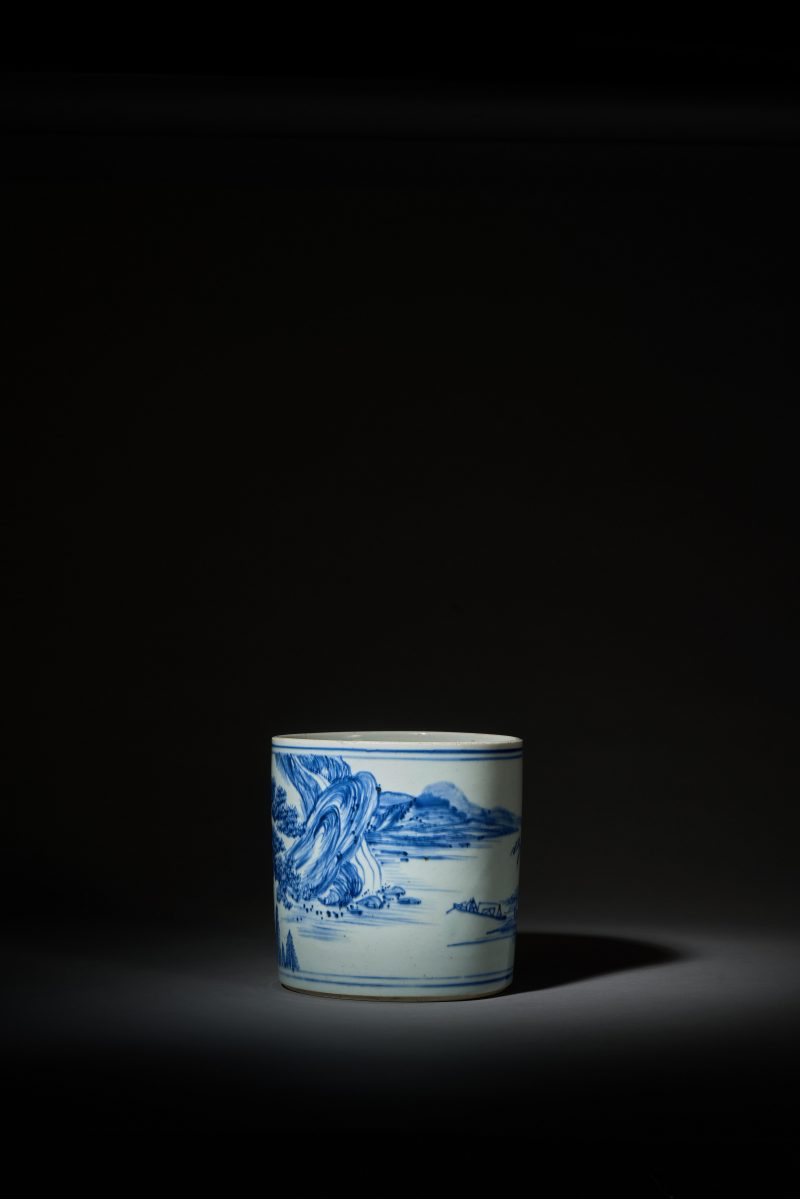 清康熙 青花山水松阁图笔筒 - 图4