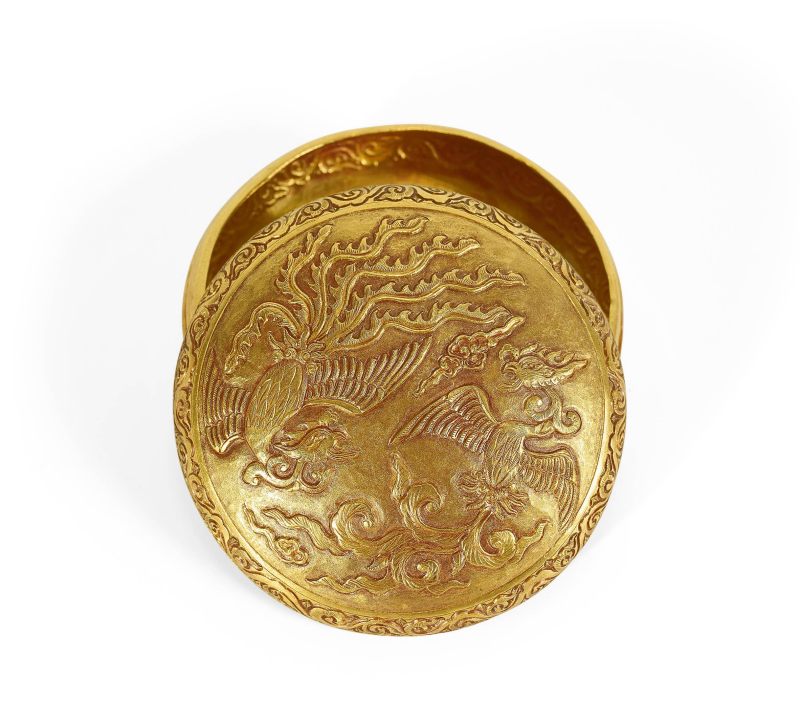 Lot936 明 金双凤纹粉盒