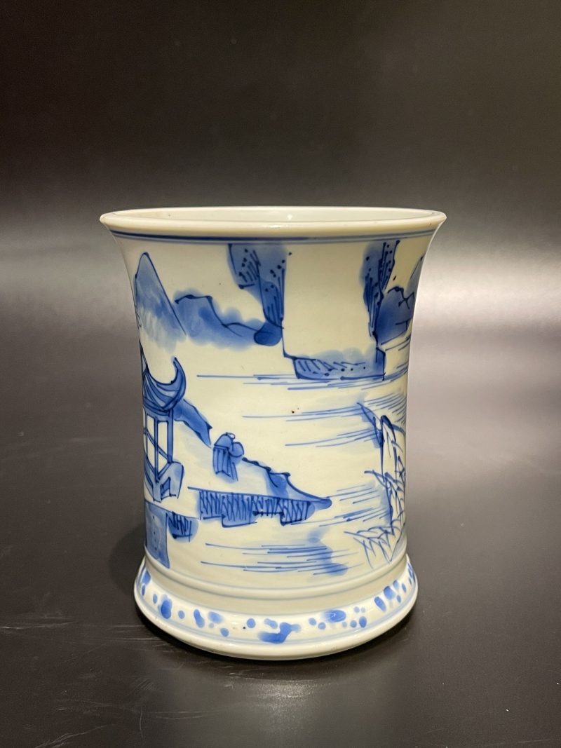 清康熙 青花山水亭阁图笔筒 - 图2