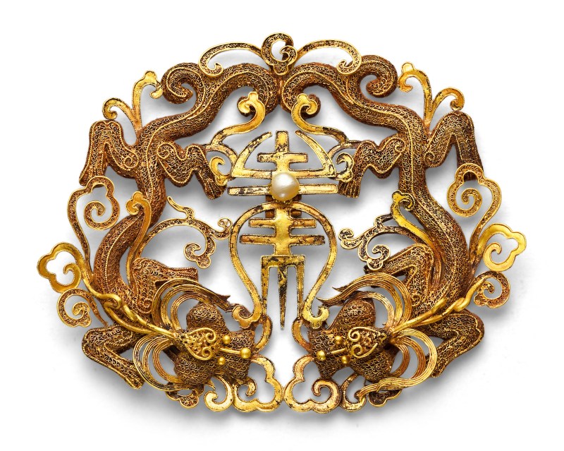 清 金纍丝双龙捧寿冠饰